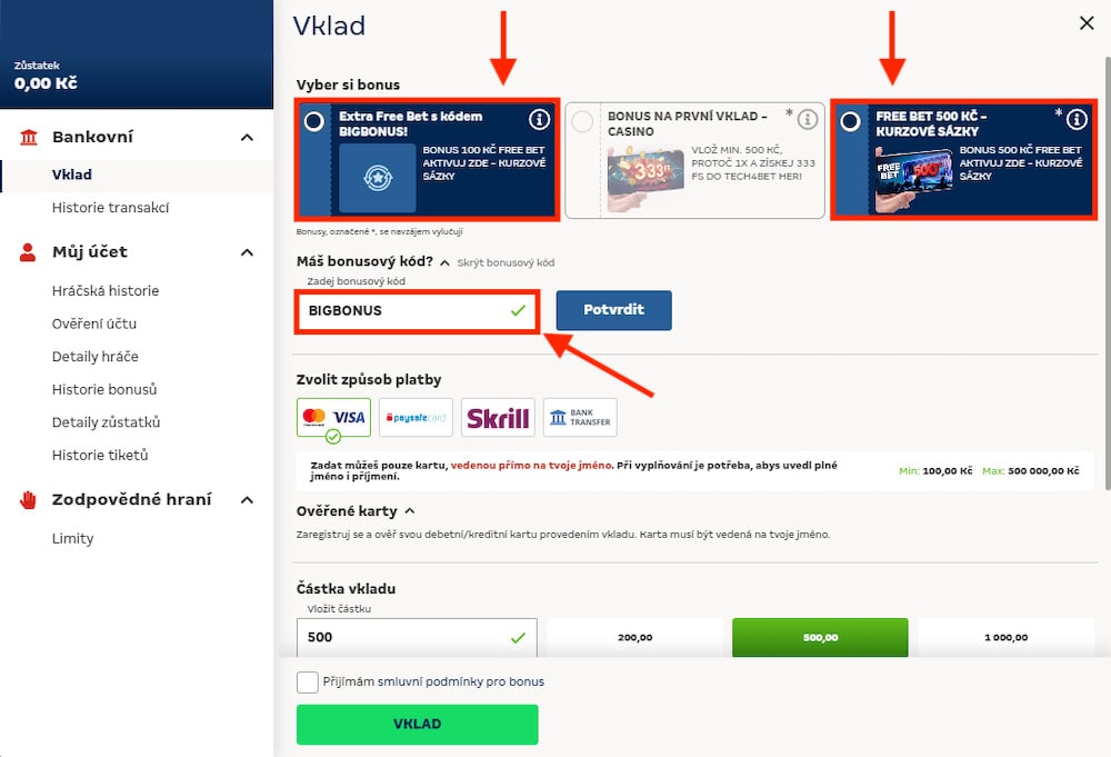 Aktivace unikátního Merkurxtip kódu BIGBONUS