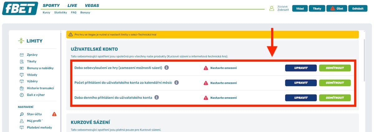 fBET nastavení herních limitů